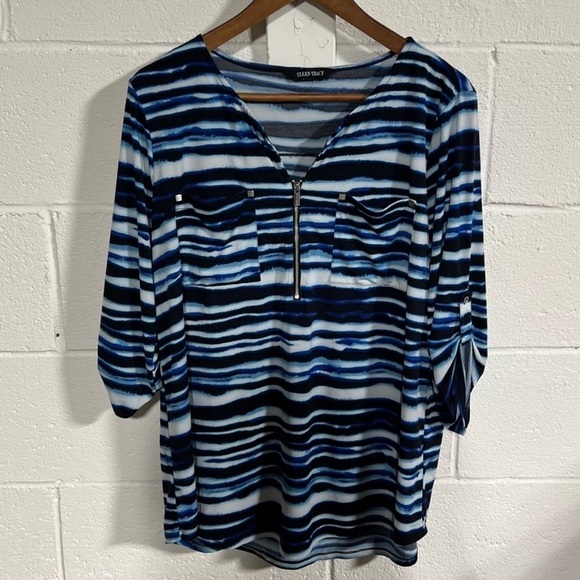 Ellen Tracy Blue Front Zipper Top Sz Medium - Picture 1 of 6